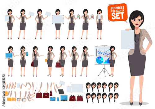 Woman business character vector set. Female office worker holding blank empty white board with various pose and gestures for business design presentation and elements. Vector illustration.