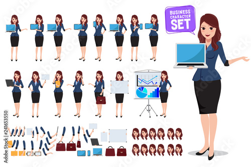 Female business character vector set. Office woman talking and holding laptop screen with various pose and gesture for business presentation. Vector illustration.