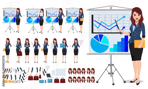 Female business character vector set. Office woman talking and showing business presentaion chart in white board with various pose and gesture. Vector illustration.