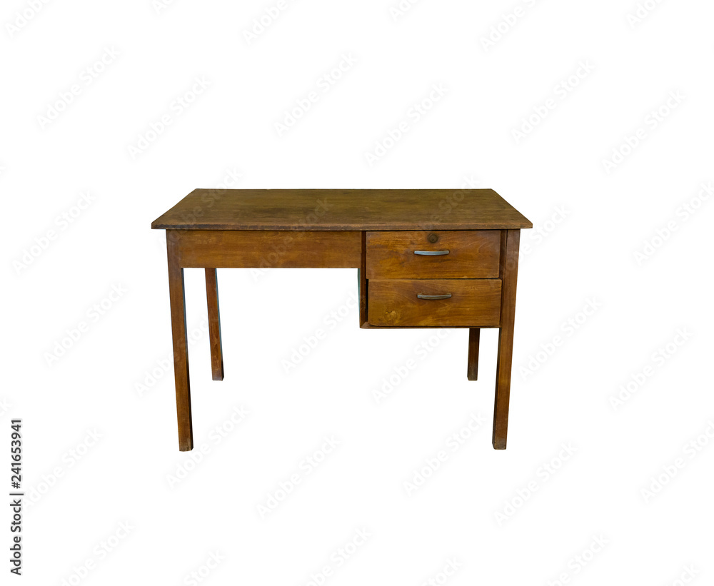 Fototapeta premium Old Wooden teacher table isolated on white background