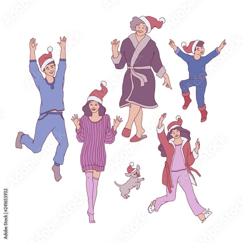 Vector family characters having fun dancing in cozy home clothing and santa hat. Male, female relatives, elderly woman, boy and girl kids, dog pet, teen man and woman with happy faces photo