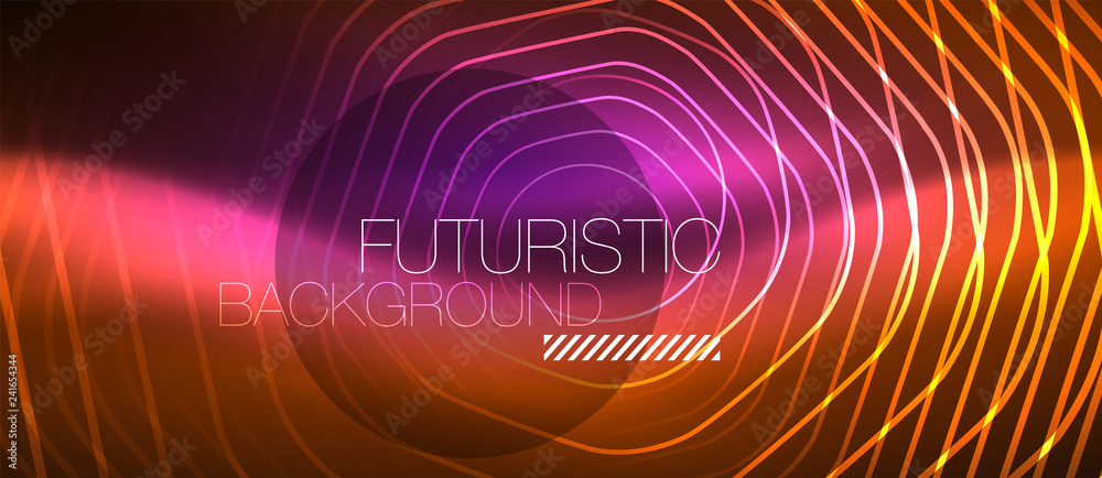 Neon glowing wave, magic energy and light motion background. Vector wallpaper template