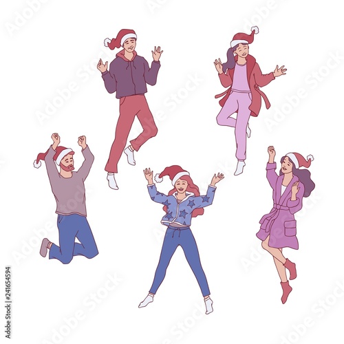 Vector cartoon cheerful young men, women in santa hat, home cozy cloth having fun laughing jumping set. Cute girls, handsome guys at christmas party. Male, female characters for winter holidays design