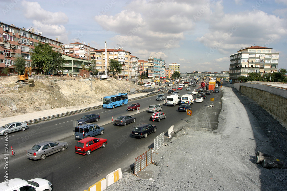 Traffic jam and road construction at E-5 Highway at Istanbul European Side in Istanbul, Turkey.
