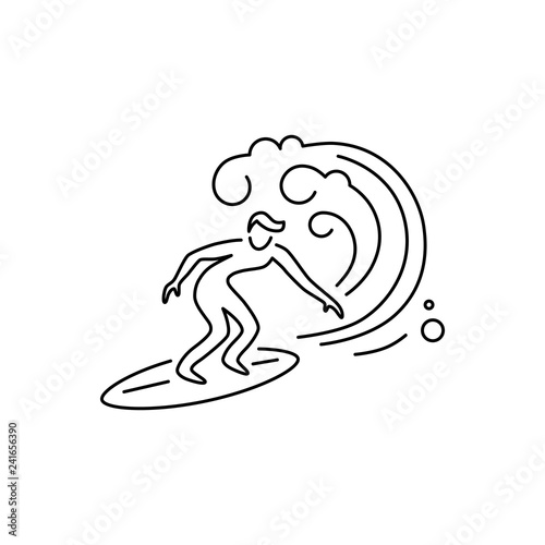 Surfing logo design. Surfer and big wave. Line style vector illustration.