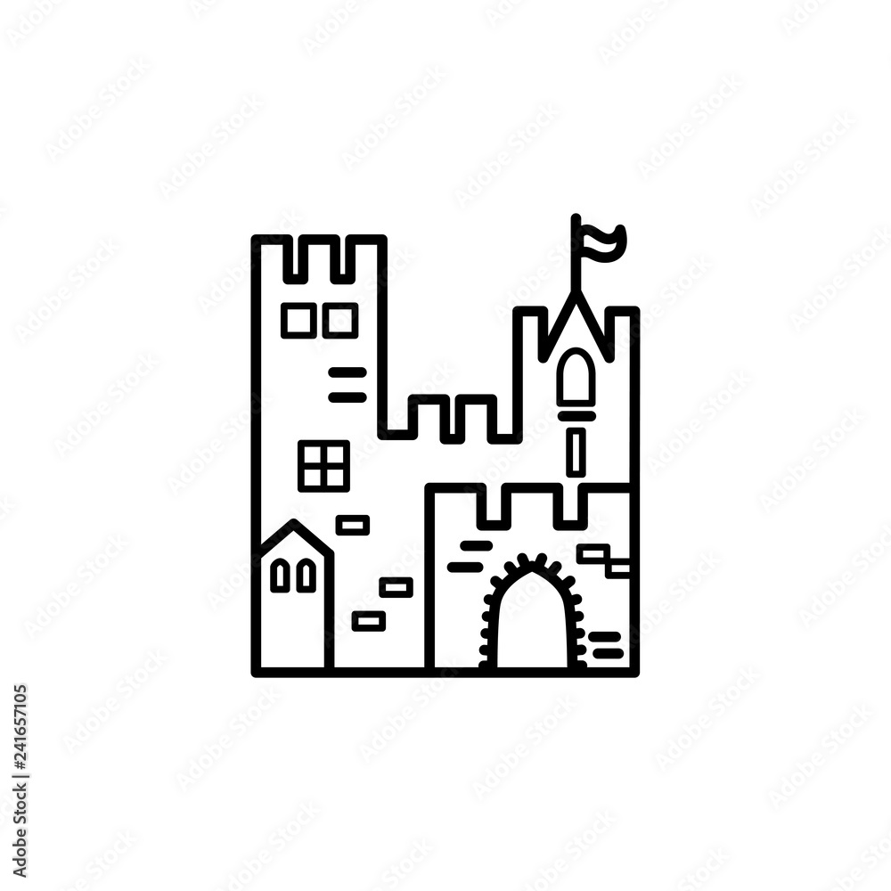 Castle logo design. Line style vector illustration. Travel concept. Kingdon symbol. Vector label for company.