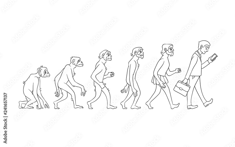 Vector evolution concept with monochrome ape to man growth process with monkey, caveman to businessman in suit holding suitcase using smartphone. Mankind development, darwin theory