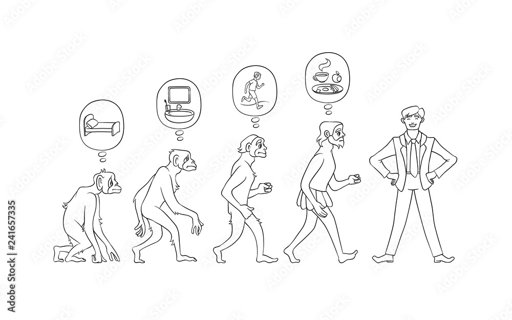 Vector illustration set of morning evolution of man from waking up in bed as monkey to self-collected person ready for effective work in hand drawn line black and white style isolated on white. Vector illustration set of morning evolution of man from waking up in bed as monkey to self-collected person ready for effective work in hand drawn line black and white style isolated on white.