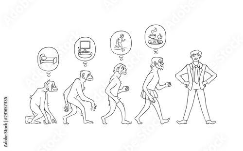 Vector illustration set of morning evolution of man from waking up in bed as monkey to self-collected person ready for effective work in hand drawn line black and white style isolated on white.