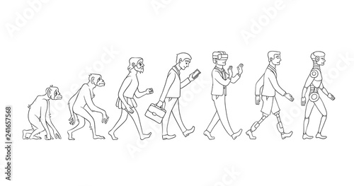 Vector evolution concept with monochrome ape to cyborg and robots growth process with monkey, caveman to businessman in suit, artificial legs person and robotic creature. Mankind development