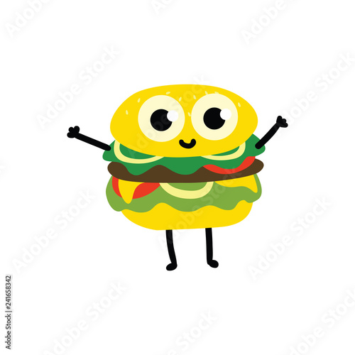 vector cute burger character, humanized fresh gamburger with vegetables, fastfood object with face, arms and legs smiling for kids restaurant menu. Isolated illustration