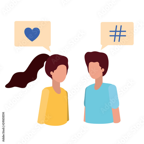 young couple with speech bubble avatar character