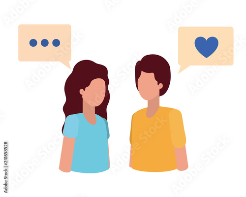 young couple with speech bubble avatar character