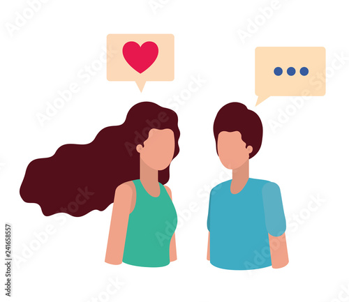 young couple with speech bubble avatar character