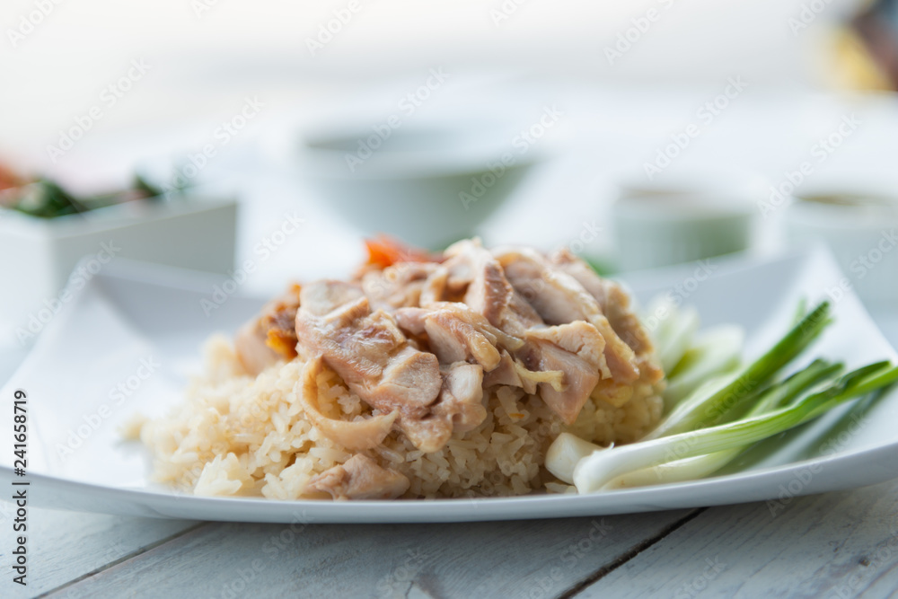 Hainanese chicken rice , gourmet steamed chicken with rice Hainanese chicken rice , gourmet steamed chicken with rice