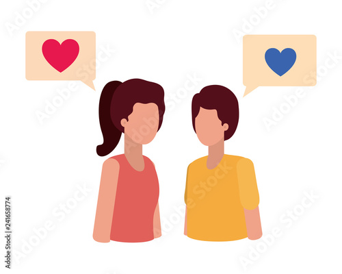 young couple with speech bubble avatar character