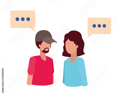 young couple with speech bubble avatar character