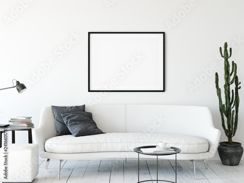 Frame mockup. Living room interior wall mockup. Wall art. 3d rendering, 3d illustration.