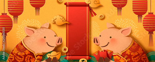 Lunar year banner design with piggy
