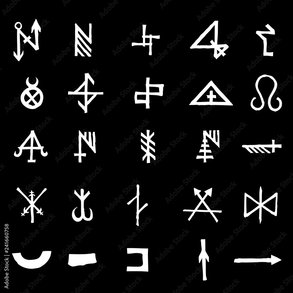 Set with mystic and occult symbols. Hand drawn and written alphabet ...