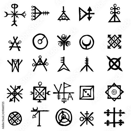 Canvas Print Mystic set with magic circles, pentagram and imaginary chakras symbols