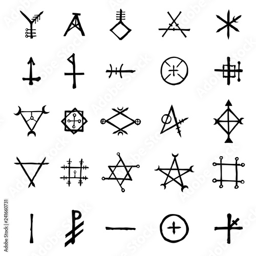 Set of alchemical symbols isolated on white background. Hand drawn and written elements for signs design. Inspiration by mystical, esoteric, occult theme. Vector.