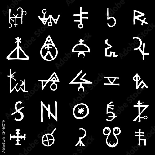 Wiccan symbols imaginary cross symbols, inspired by antichrist pentagram and witchcraft. Vector.