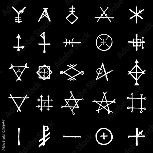 Set with mystic and occult symbols. Hand drawn and written alphabet signs. Spiritual masonic tattoo ideas. Vector.