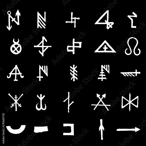 Set with mystic and occult symbols. Hand drawn and written alphabet signs. Spiritual masonic tattoo ideas. Vector.