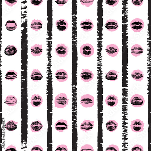 Seamless background of red, pink, black lips on retro pop up grunge brush  background. Stylish gothic endless wrapping paper for Valentine day adult sex shop merchandise. Vector.