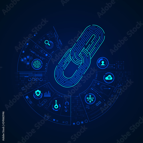 concept of cryptocurrency or block chain technology, graphic of chain with digital business icons