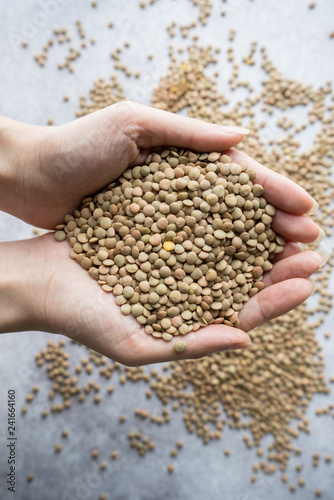 Hand holding lentils on concrete background