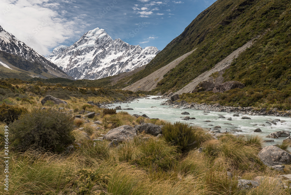 Looking up the Hooker Valley to Mount Cook with the Hooker River in the foreground. Aoraki/Mount Cook National Park, New Zealand. Looking up the Hooker Valley to Mount Cook with the Hooker River in the foreground. Aoraki/Mount Cook National Park, New Zealand.