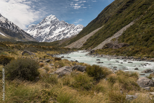Looking up the Hooker Valley to Mount Cook with the Hooker River in the foreground. Aoraki Mount Cook National Park  New Zealand.