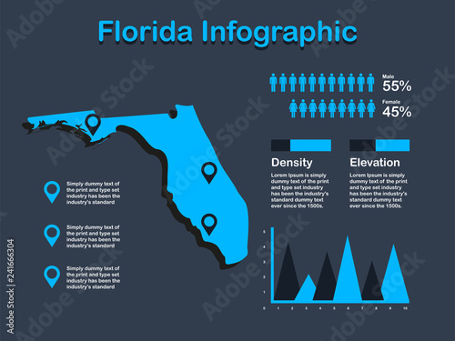 Florida State (USA) Map with Set of Infographic Elements in Blue Color in Dark Background. Modern Information Graphics Element for your design.