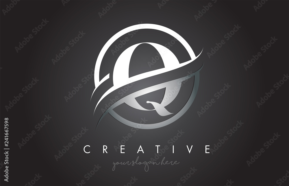 Q Letter Logo Design with Circle Steel Swoosh Border and Creative Icon Design. Q Letter Logo Design with Circle Steel Swoosh Border and Creative Icon Design.