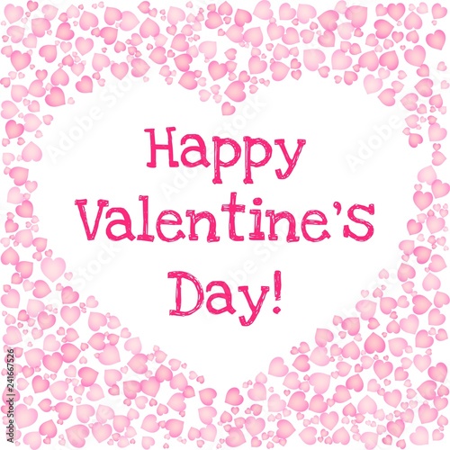 Happy Valentines Day text in a heart shaped frame of pink hearts on white background. Vector card