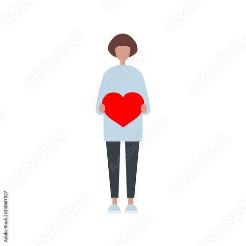 Saint Valentines Day. Young tanned female character holding a red heart. Relationships. Love. Romance. Emotions. Flat editable vector clip art