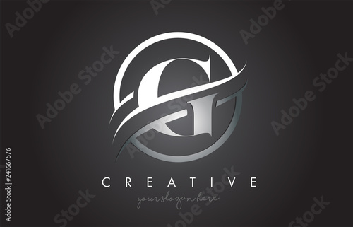 G Letter Logo Design with Circle Steel Swoosh Border and Creative Icon Design.