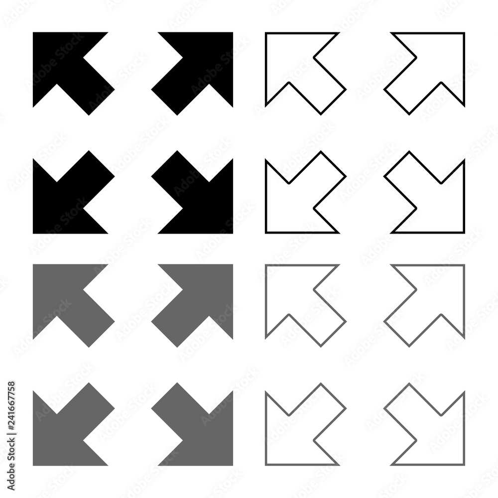 Four arrows pointing to different directions from the center icon set grey black color illustration outline flat style simple image