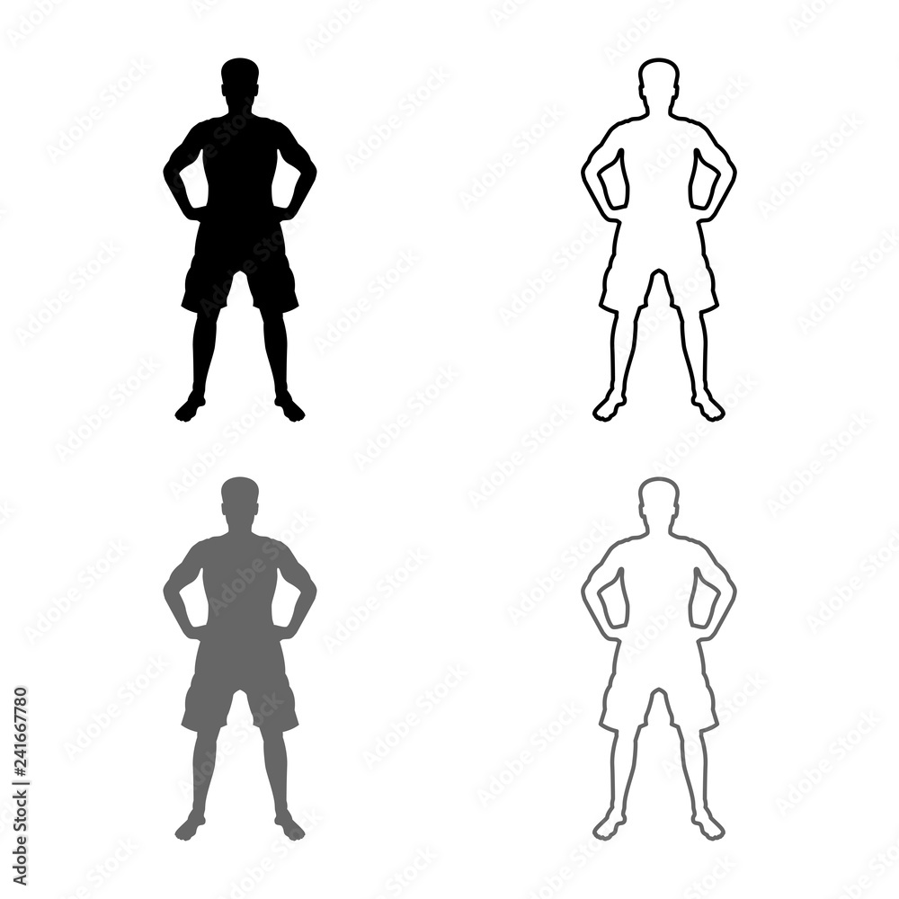 Man holding hands on belt confidence concept silhouette serious master of the situation front view icon set grey black color illustration outline flat style simple image Man holding hands on belt confidence concept silhouette serious master of the situation front view icon set grey black color illustration outline flat style simple image