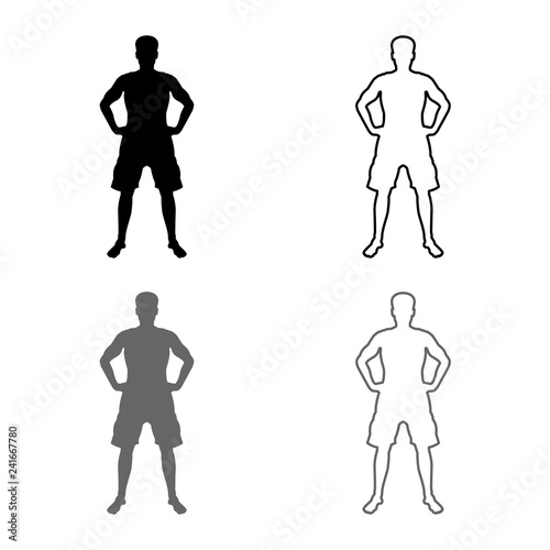 Man holding hands on belt confidence concept silhouette serious master of the situation front view icon set grey black color illustration outline flat style simple image
