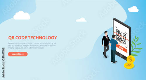 qrcode isometric online payment technology scan with business man team people standing side of big smartphone with gold coin money