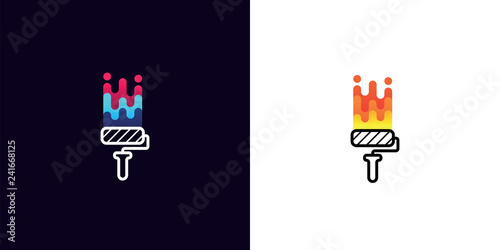 Corporate logo brush roller with multicolored paint on white and black background. Idea for company style, label or emblem design element. Colored paint roller isolated on white and black background