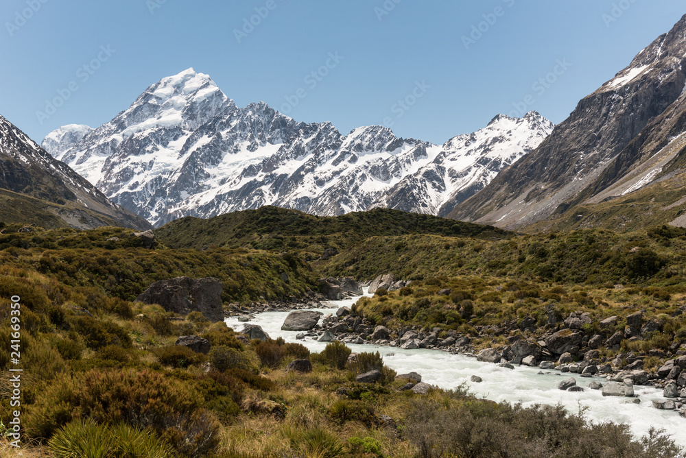 Looking up the Hooker Valley to Mount Cook with the Hooker River in the foreground. Aoraki/Mount Cook National Park, New Zealand.