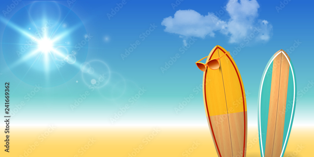 Two Surfboards with sunglasses on the beach. Realistic background with clouds and sun flare.