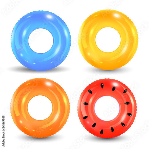 Swim rings set on white background. Inflatable rubber toy. Lifebuoy colorful vector collection. Summer. Realistic summertime illustration. Summer vacation or trip safety. photo