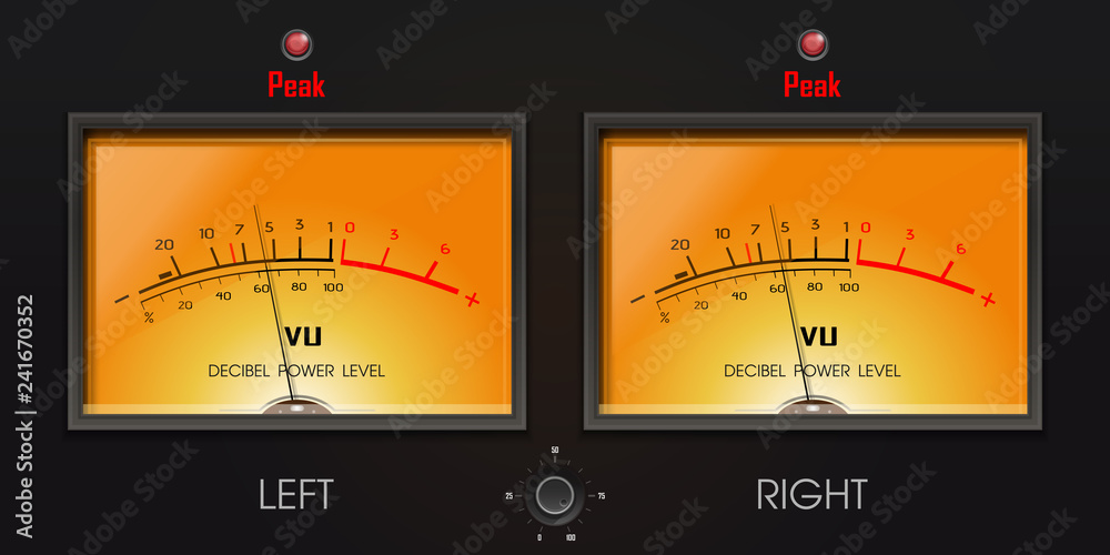 Analog VU meter with peak LED. Decibel power level. A volume unit - VU  meter left and right. Device displaying a representation of the signal  level in audio equipment. Vector illustration Stock