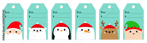 Christmas gift tag set. Santa Claus Elf White polar bear Snowman Raindeer Deer Penguin bird face. New Year. Cute cartoon funny kawaii baby character. Flat design Blue snow background.