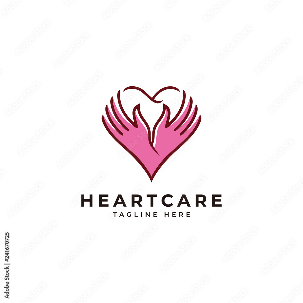 Outline monoline and color fill love care logo, heart and hand icon vector